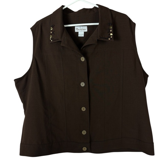 TanJay Beaded Dark Brown Button Down Sleeveless Top - Picture 1 of 8